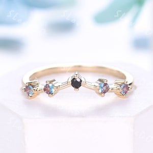 V Curved Alexandrite Wedding Band,Natural Black Spinel Stacking Band,Solid Yellow Gold Matching Ring,Color Changing Ring,Anniversary Gift