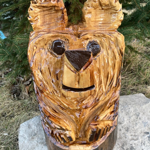 Cutie Bear in Log Chainsaw Carving- Rustic Mountain Cabin Decor- 15" Tall- Porch Patio Wood Art Statue-Sealed-One of a Kind! *FREE SHIPPING*