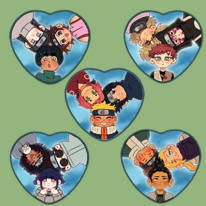 May include: A collection of five heart-shaped illustrations featuring cartoon characters with various hairstyles and outfits. Each heart contains a group of characters, set against a light blue background, with a green backdrop.