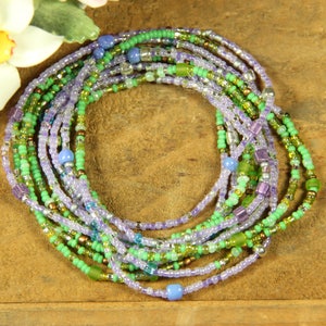 Lilac In Bloom Stretchy Seed Bead Wrap Bracelet Jewelry with Purple, Green, Brown & Blue Beads Beaded Stacking Bracelet Stackable Stretch