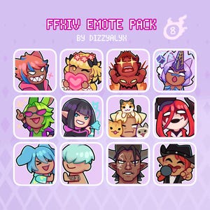 May include: A digital emote pack titled FFXIV EMOTE PACK BY DIZZYALYX featuring twelve square icons with various cartoon characters in colourful outfits, expressions, and poses, including animals, fantasy figures, and people on a light purple background.