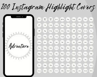 Könnte beinhalten: Ein Satz von 100 Instagram-Highlight-Covern mit weißem Hintergrund und schwarzem Text. Die Cover zeigen eine Vielzahl von Wörtern und Sätzen, darunter "Abenteuer", "Familie", "Freunde", "Reisen" und "Essen".