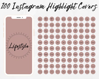 100 Instagram Highlight Cover Icons Dusty Rose Background With Black Letters and Elements