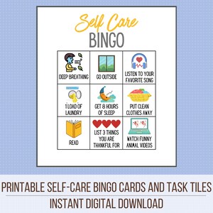 Self Care Printable Bingo Game Cards And Task Tiles Daily Self-Care Checklist Instant Download image 2