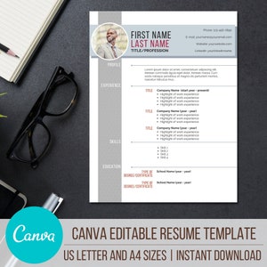 CV Template, 1 Page Resume Template With Photo, Printable and Editable in Canva