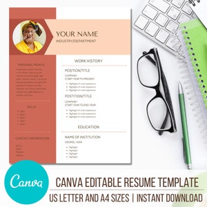 Canva CV Template, 1 Page Resume Template Professional With Photo, Printable and Editable in Canva, INSTANT DOWNLOAD