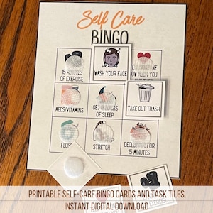 Self Care Printable Bingo Game Cards And Task Tiles Daily Self-Care Checklist Instant Download image 1