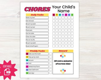 Chore Chart for Kids, Printable To Do List, Daily Toddler Routine Checklist, Editable PDF, INSTANT DOWNLOAD