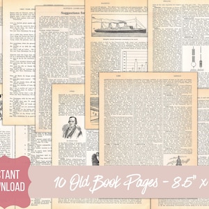 May include: A collage of 10 old book pages, each with a different text and image. The pages are in various shades of cream and beige, with black text and illustrations. The pages are arranged in a grid pattern, and the text includes words like "Suggestions for Christmas", "Story of the Month", and "London".