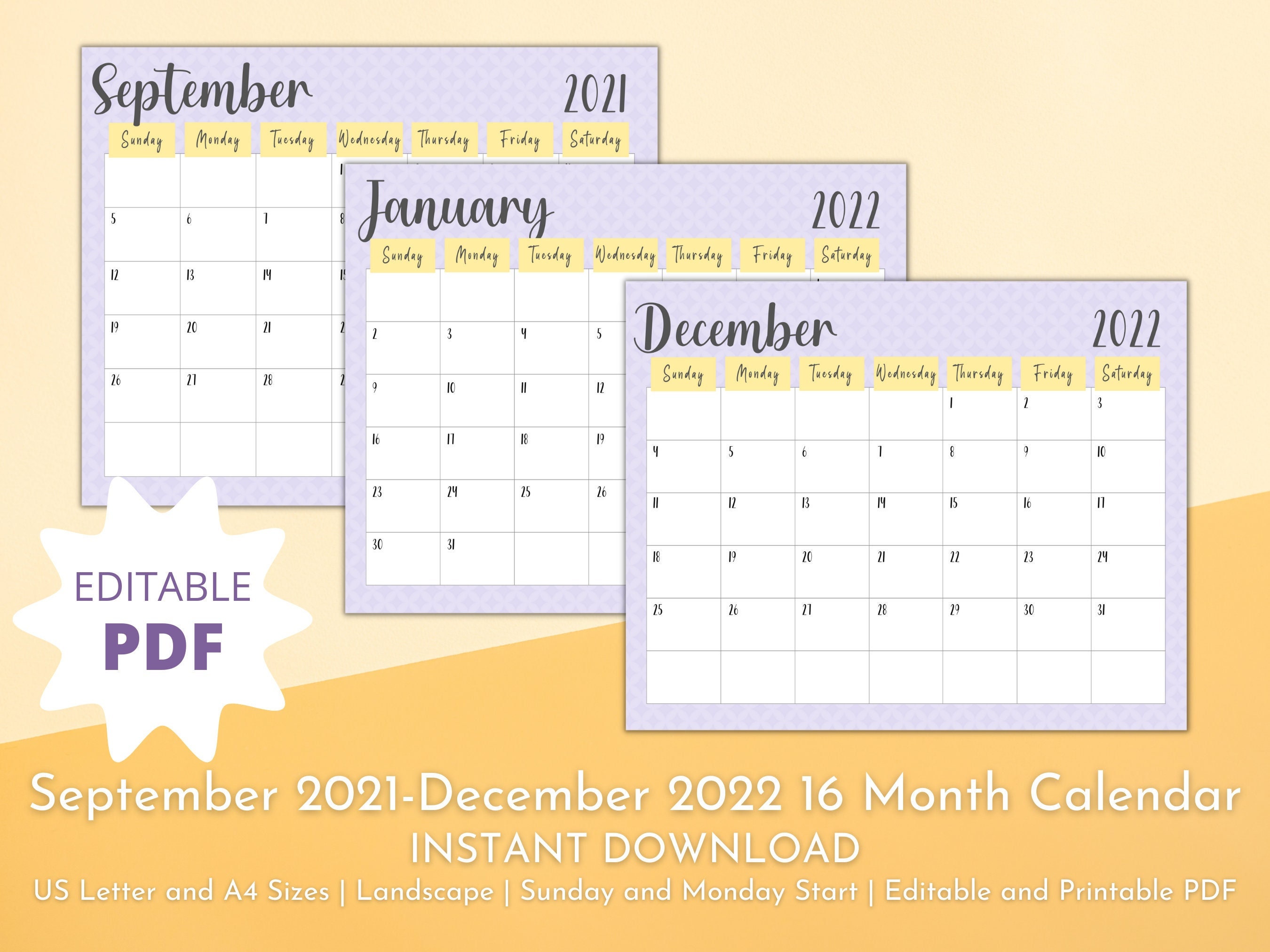printable calendar 2022 16 month september december editable etsy