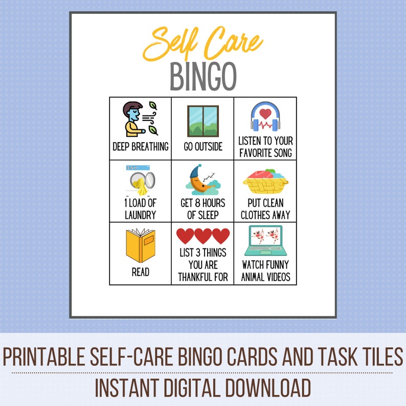 Self Care Printable Bingo Game Cards And Task Tiles Daily Self-Care Checklist Instant Download image 2