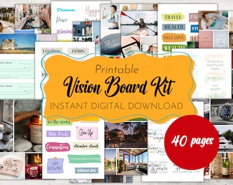 Vision Board Printables Kit With Photos, Inspirational Words and Phrases, Affirmation Cards, Money Manifestation Checks