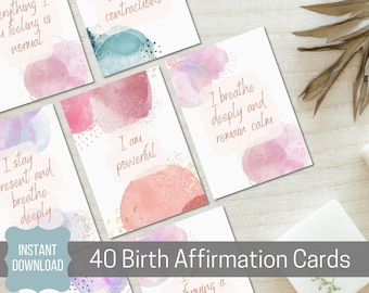 May include: 40 affirmation cards with watercolor backgrounds and gold accents. The cards feature positive affirmations for childbirth, such as "I stay present and breathe deeply" and "I am powerful".