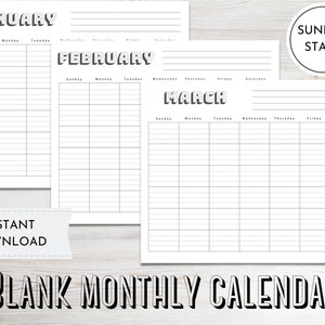 Monthly Blank Calendar - Sunday Start, Printable Calendar Pages, 12 Month Lined Calendar, Instant Digital Download
