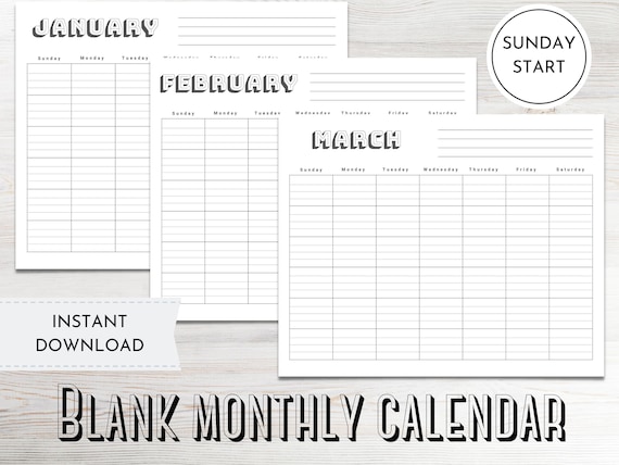 Monthly Blank Calendar - Sunday Start, Printable Calendar Pages, 12 Month Lined Calendar, Instant Digital Download