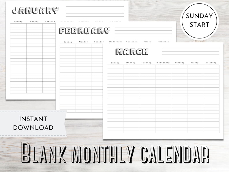 Monthly Blank Calendar - Sunday Start, Printable Calendar Pages, 12 Month Lined Calendar, Instant Digital Download image 1