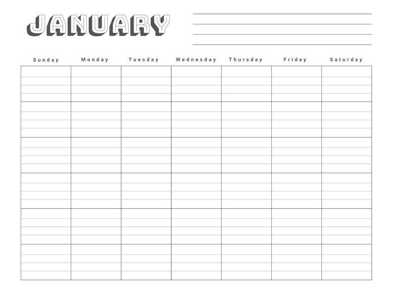 Monthly Blank Calendar - Sunday Start, Printable Calendar Pages, 12 Month Lined Calendar, Instant Digital Download image 2