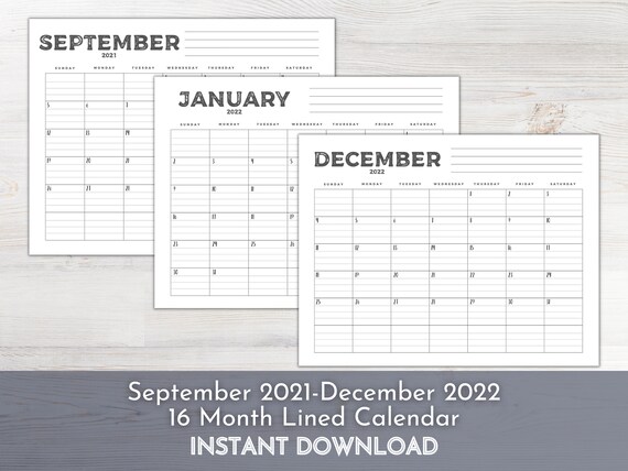 printable lined calendar 2022 september december instant etsy