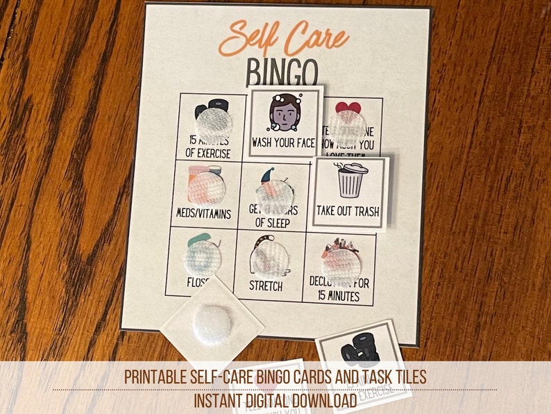 Self Care Printable Bingo Game Cards And Task Tiles Daily Self-Care Checklist Instant Download image 1