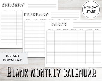 May include: Printable blank monthly calendar template with the months January, February, and March. The calendar is designed to start on Monday.