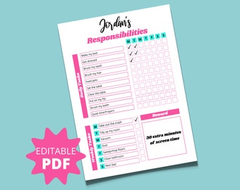May include: A printable chore chart for children with a pink and blue colour scheme. The chart includes daily and weekly tasks with tick boxes for each day of the week. The reward for completing the chores is 30 extra minutes of screen time.