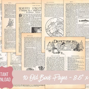 May include: A collage of 10 old book pages, each measuring 8.5 inches by 11 inches. The pages feature various illustrations and text, including a map, a coat of arms, a kite diagram, a drawing of a fish, and a winter scene with the word "December".