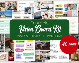 May include: A printable vision board kit with 40 pages of images and text to help you create a vision board. The kit includes images of travel, health, self love, wealth, and more. The text includes phrases like "Dream Big", "Glow Up", and "See the World".