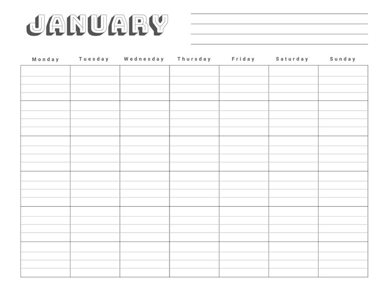 Monthly Blank Calendar - Monday Start, Printable Calendar Pages, 12 ...