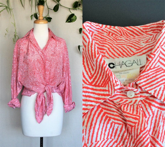 White & Red Vintage Blouse/Silky 80s Abstract Shir