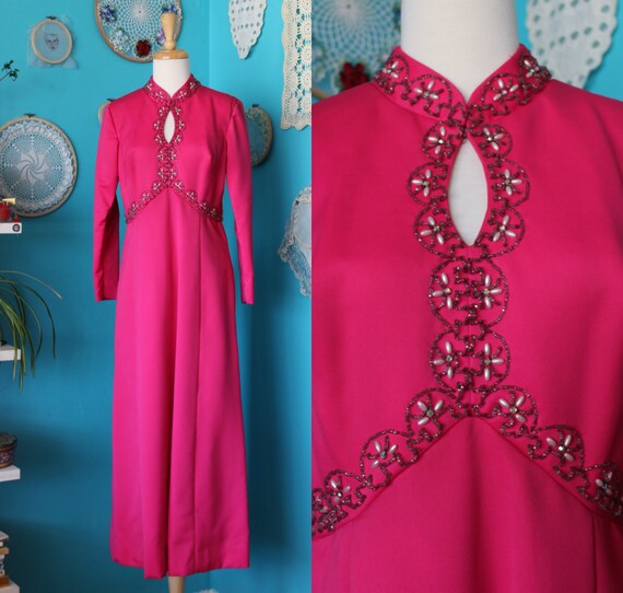 Hot Pink 70s Maxi Dress/Beaded Hippie Wedding Dres