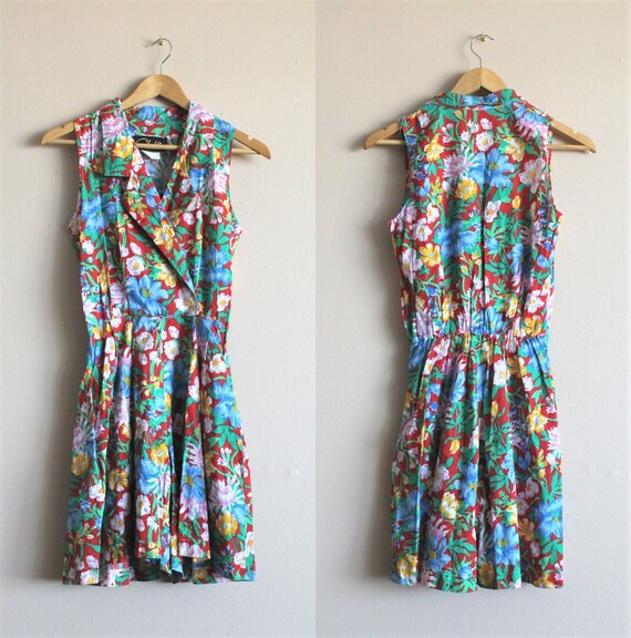 Red Floral 80s Jumpsuit/Vintage Playsuit/Womens Ro