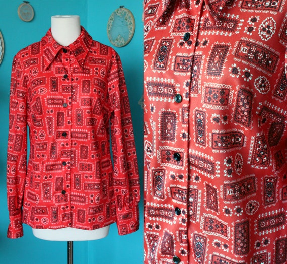 70s Geometric Black and Red Western Blouse/70s Wes