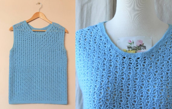 Cute Vintage Crochet Tank Top / Blue Crochet Top