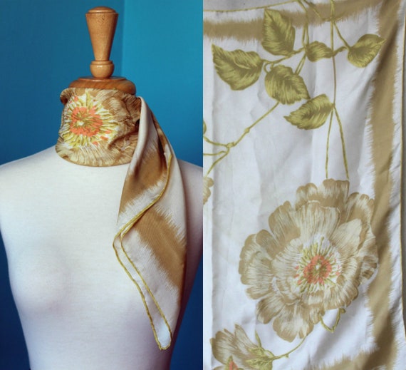 Green & Coral Silk Head Scarf for Women/Floral Hea