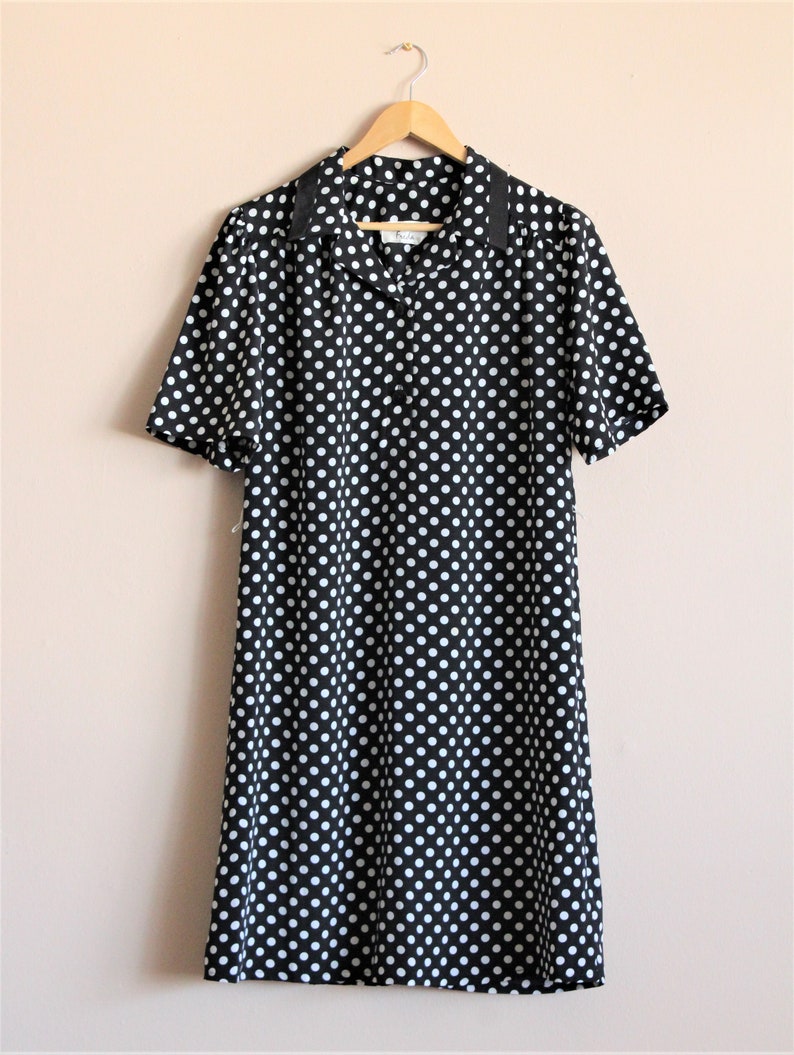 Polka Dot Mod Shift DressV Neck Black Dress1980s Shirtdress