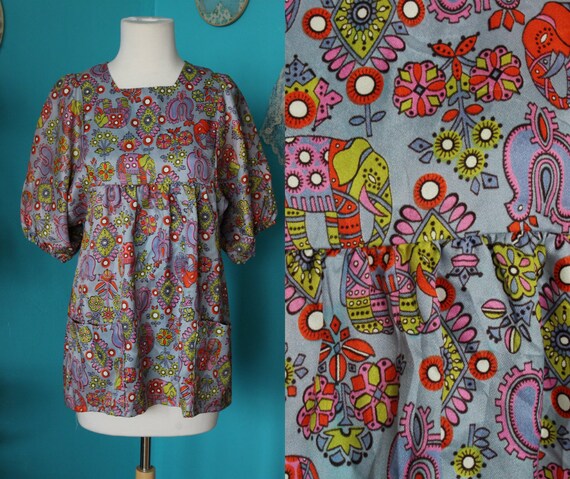 Purple Elephant Top/1960s Blouse/Psychedelic Cloth