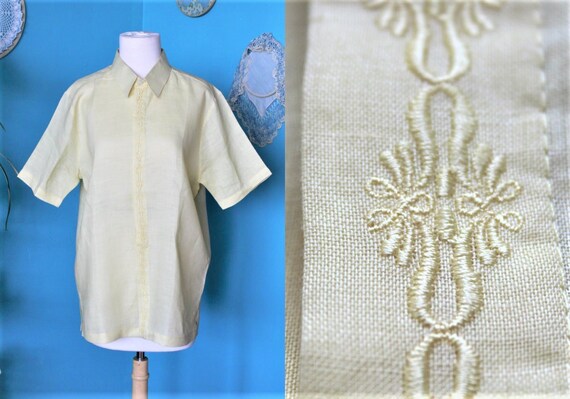 Yellow Linen Shirt Men/Embroidered Linen Shirt Wom