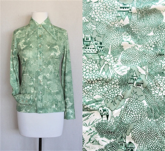 Green & White High Neck Blouse/Castle Print 70s Bo