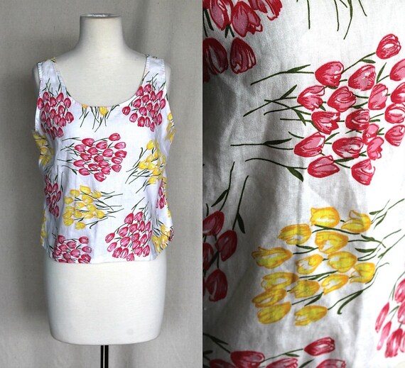 White Pink & Yellow Linen Crop Top/Tulip Print Tan