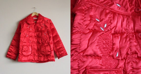 Red Satin Puffer Jacket/Vintage Quilted Puffer Coa