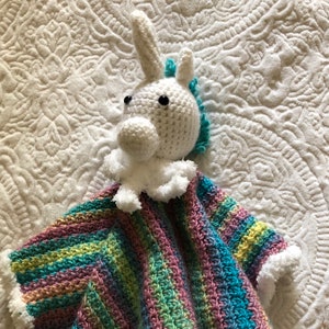 Crochet rainbow unicorn with sparkley horn lovey/security blanket for babies. (Deafblind artist, see bio.)
