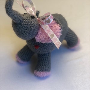 Crocheted elephant plushie toy for kids of all ages. (Deafblind artist, see bio).