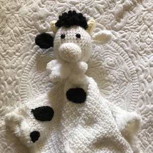 Crochet cow lovey/security blanket for  babies. (Deafblind artist, see bio.)