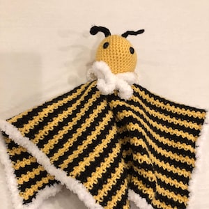 Crochet bee lovey/security blanket for babies. (Deafblind artist, see bio).