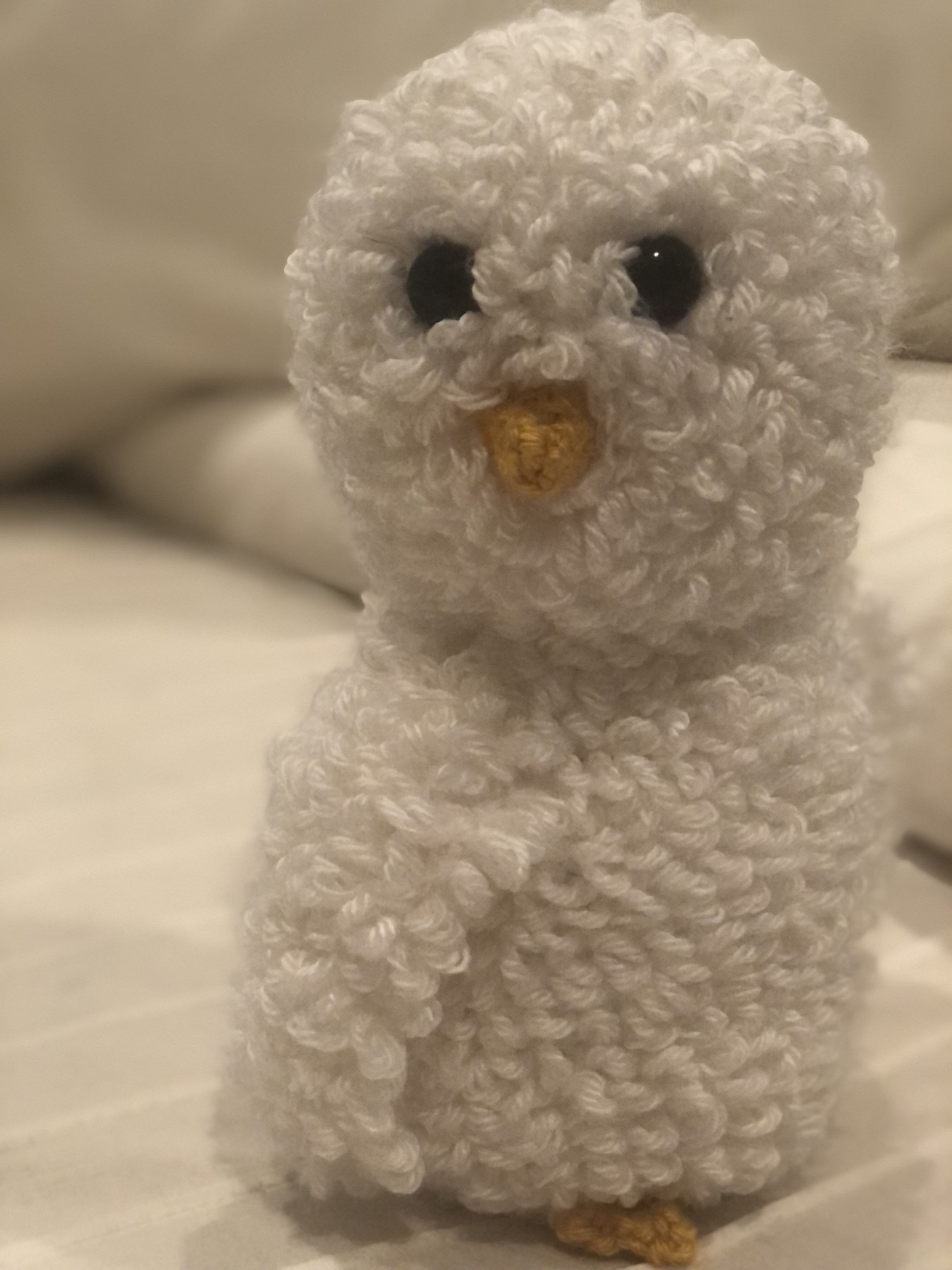 Crocheted snowy owl stuffed animalplushie  for babies and kids of all ages. (Deafblind artist, see b