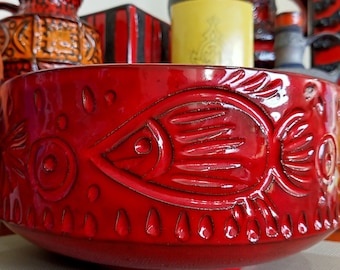 Vintage 1960&#39;s Alvino Bagni red bowl, Italian pottery for your lounge dining or office, abstract mid century modern fish design, Bitossi era