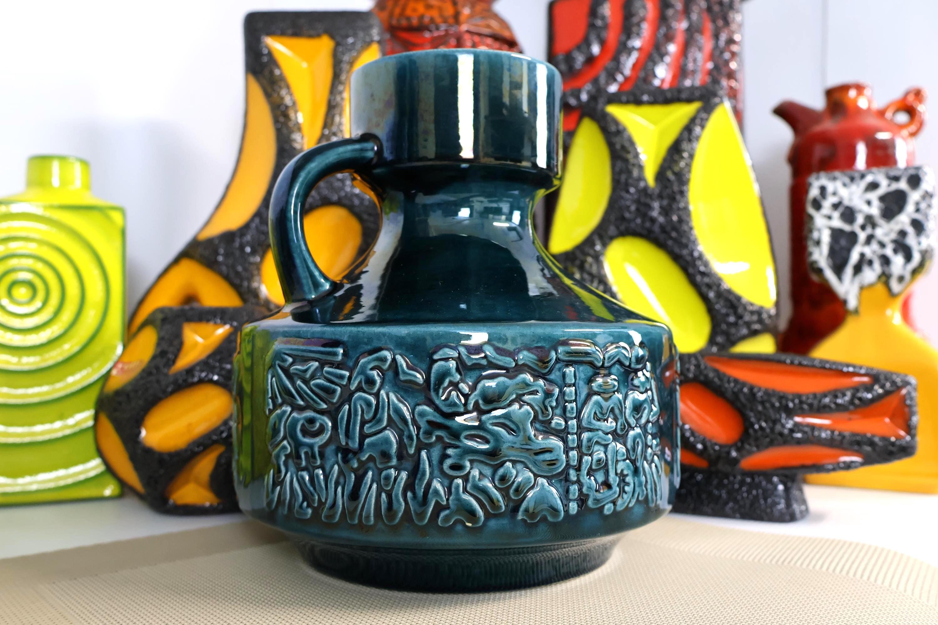 Vintage 1960's Green Vase, West German Fat Lava Era Pottery, Retro
