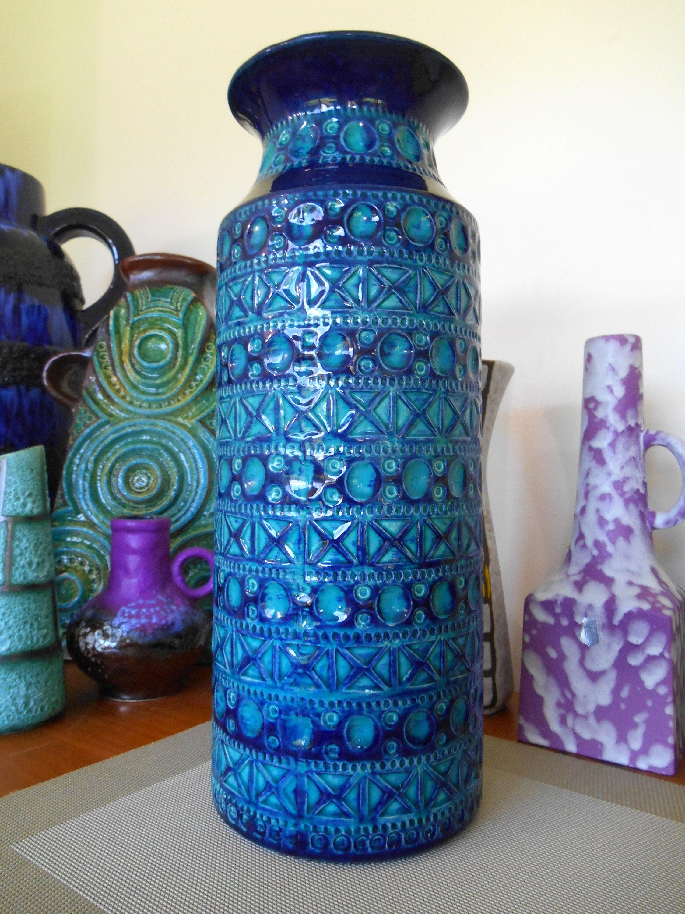 Vintage 1960's Bay Keramik Blue Vase, Fat Lava Pottery, Retro Mid