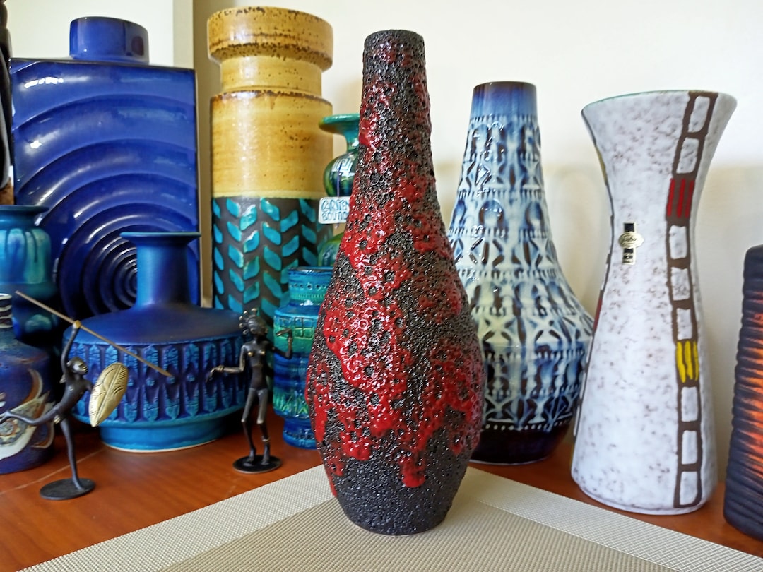 Vintage 1960's Red Ceramic Vase, West German Fat Lava Pottery