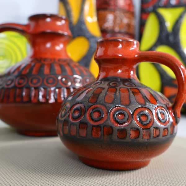Vintage 1960's red vases, West German fat lava pottery, retro modern home decorating idea